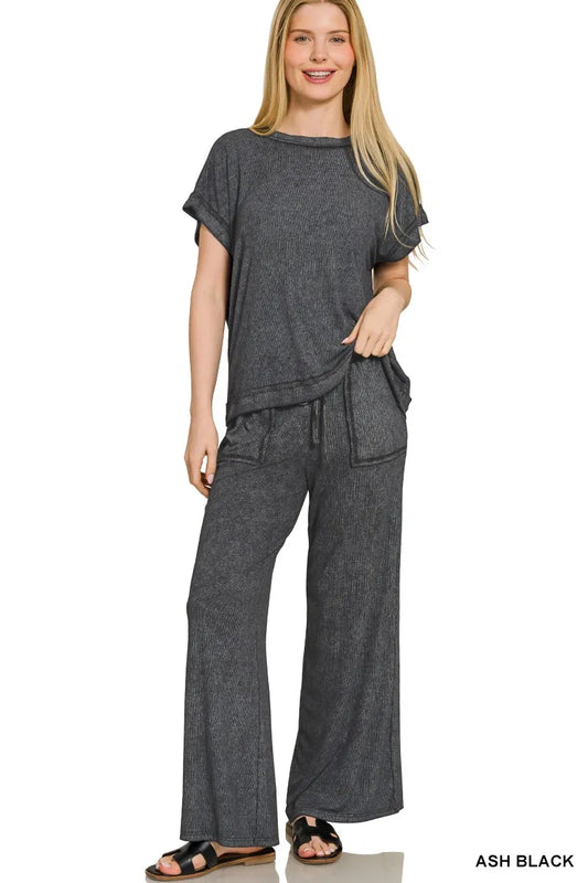 Zenana Ribbed Acid Wash Rayon Top & Pants Set - Tigbul's Variety Fashion Shop
