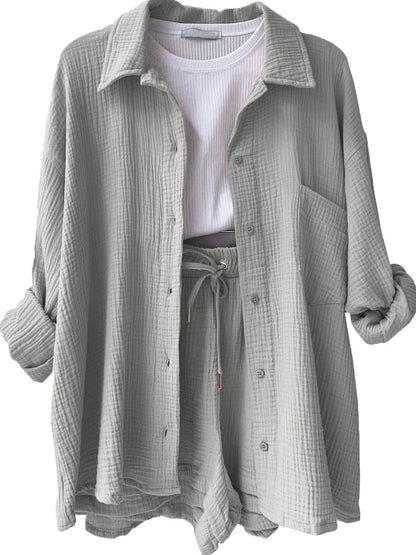Textured Button Up Shirt and Shorts Set - Tigbul's Variety Fashion Shop