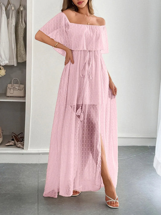 Swiss Dot Off Shoulder Maxi Dress - Tigbul's Variety Fashion Shop