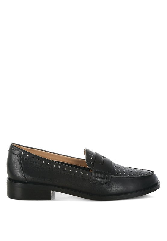 Raisa Stud Embellished Genuine Leather Penny Loafers | Tigbuls