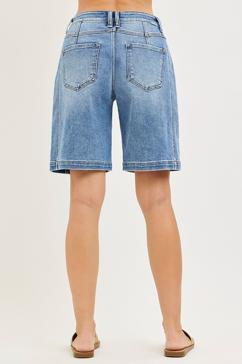 Medium-blue denim shorts back view with patch pockets and belt loops