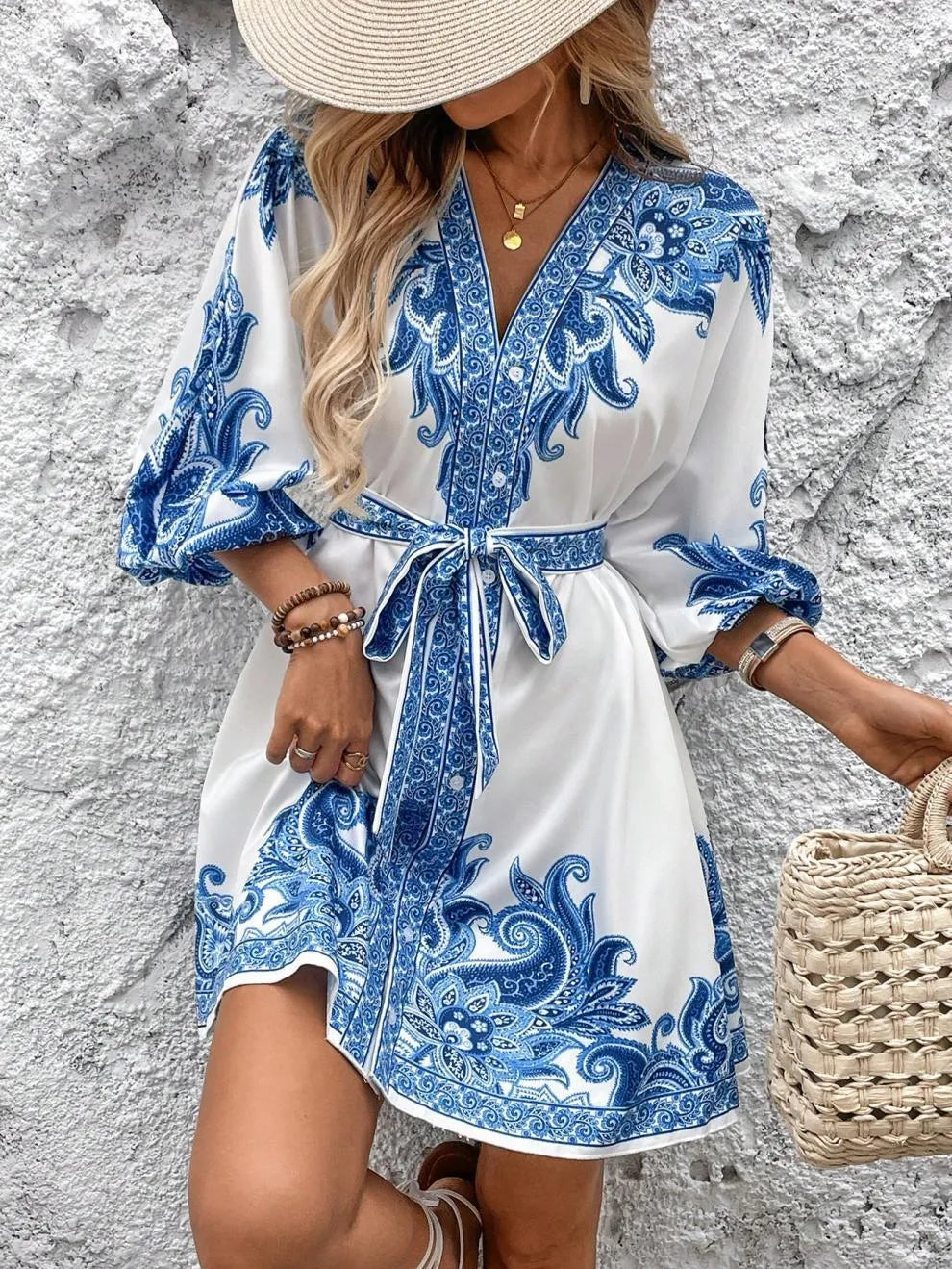 Paisley V-Neck 3/4 Sleeve Mini Dress - Tigbul's Variety Fashion Shop