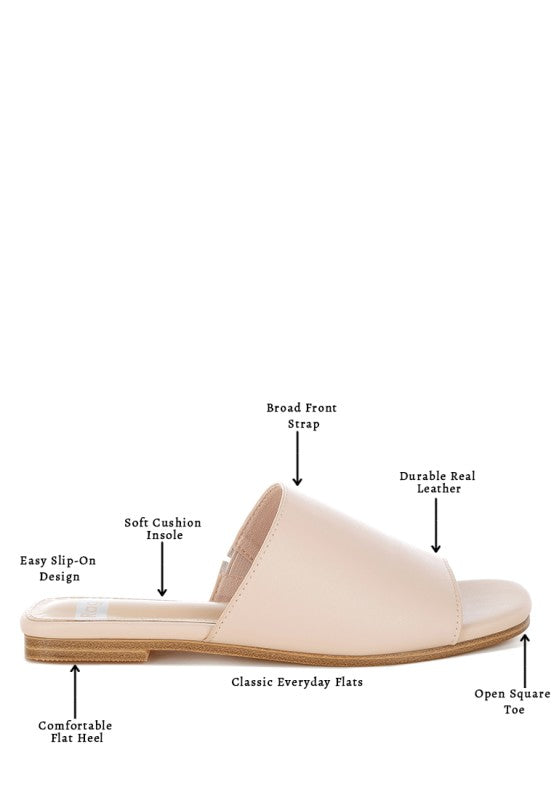 Beige slip-on flats, open square toe, cushioned insole, flat low heel