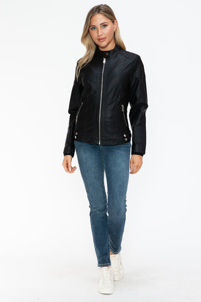 Black Faux Leather Biker Jacket with Side Zip Pockets