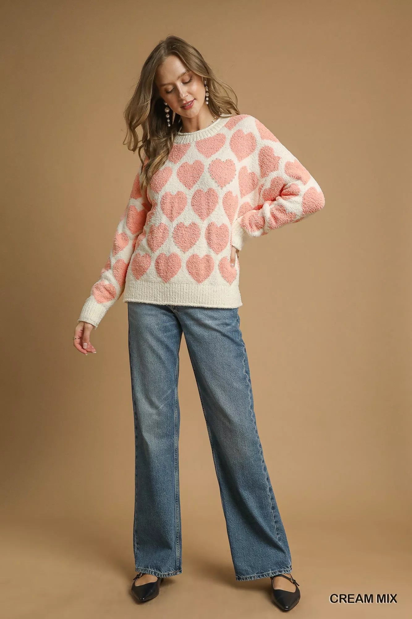 Cream Mix Color Heart Pattern Pearl Accent Sweater - Tigbul's Variety Fashion Shop