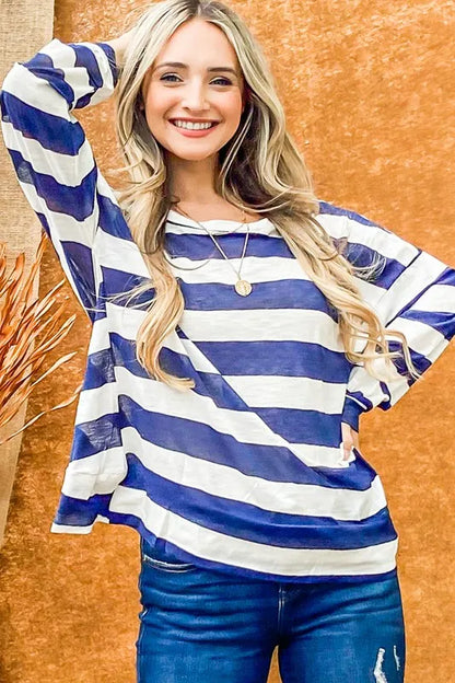 Stripe Twist Back Loose Navy Top - Tigbul's Variety Fashion Shop