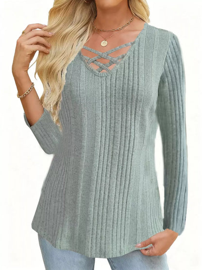 Crisscross V-Neck Ribbed Knit Long Sleeve T-Shirt - Tigbul's Variety Fashion Shop