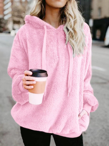 Pink Size Large Half Zip Drawstring Fleece Hoodie