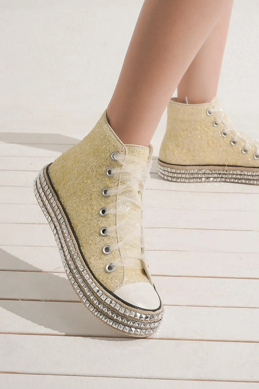White Glitter Lace-Up Studded Platform Sneakers - Tigbul's Variety Fashion Shop