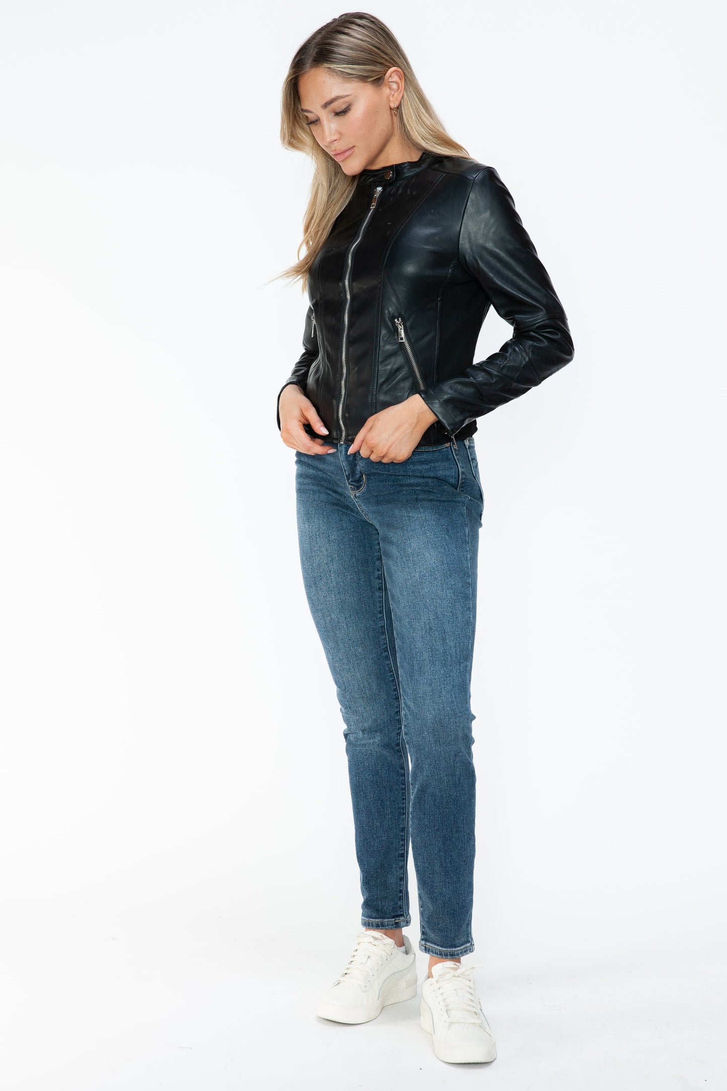 Black PU Leather Zip Up Jacket with Pockets