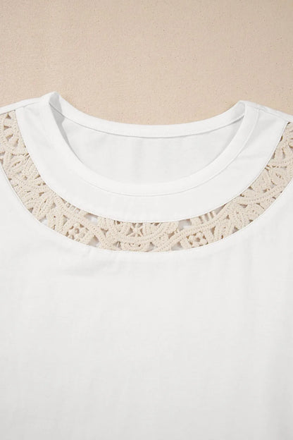 White Lace Crochet Crew Neck Casual T Shirt - Tigbul's Variety Fashion Shop