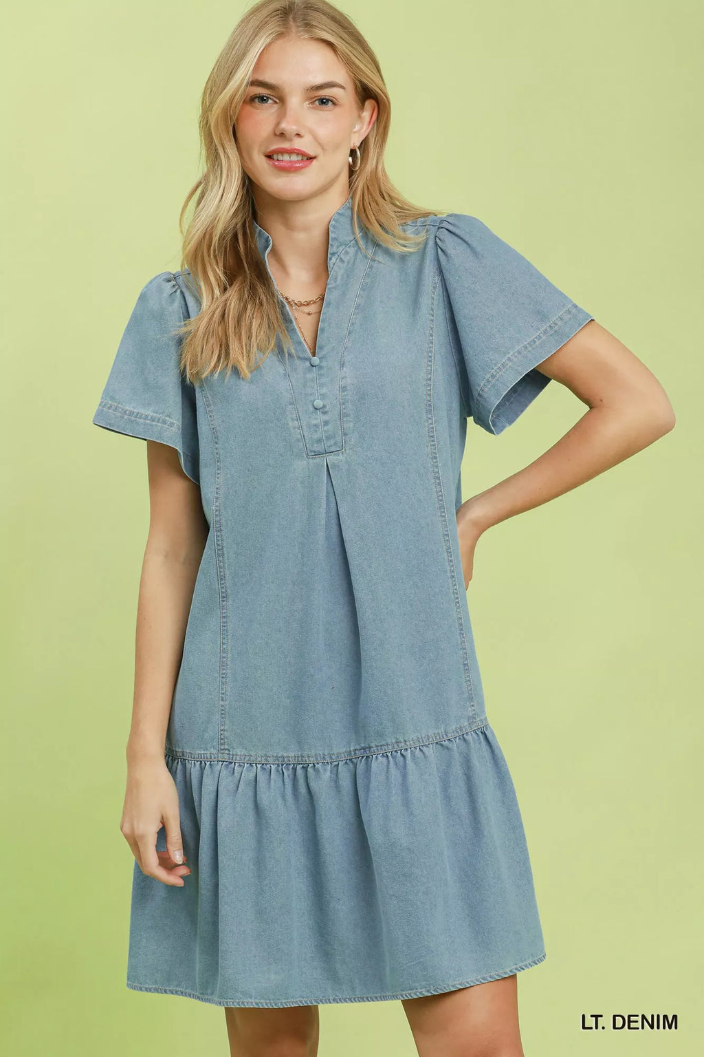 Umgee Ruffle Hem Mini Denim Dress - Tigbul's Variety Fashion Shop