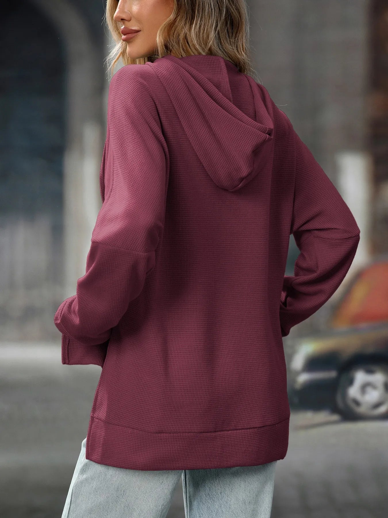 Textured Drawstring Long Sleeve Hoodie - Tigbul's Variety Fashion Shop