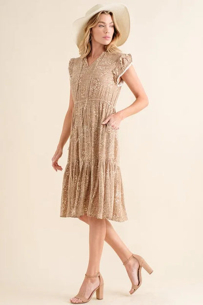 Boho Printed Tiered Taupe Maxi Dress - Tigbul's Variety Fashion Shop