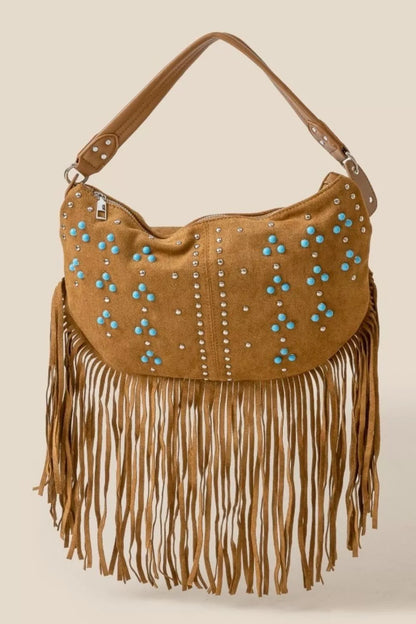 Fame Studded Pattern Multi Fringe Hobo Shoulder Bag - Tigbul's Variety Fashion Shop