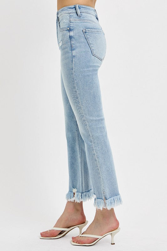 Light Blue Raw Hem Distressed Cropped Flare Jeans Plus Size - Tigbul's Variety Fashion Shop