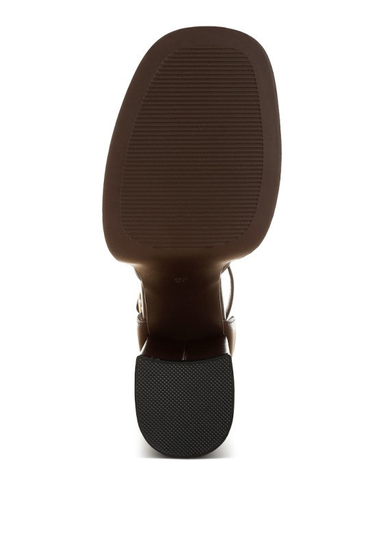 Chunky heel outsole with textured tread, underside view