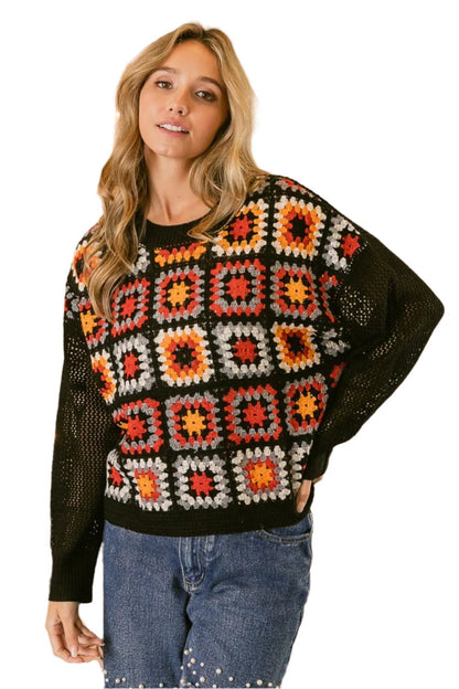 Ladies Granny Square Front Long Sleeve Top - Tigbul's Variety Fashion Shop