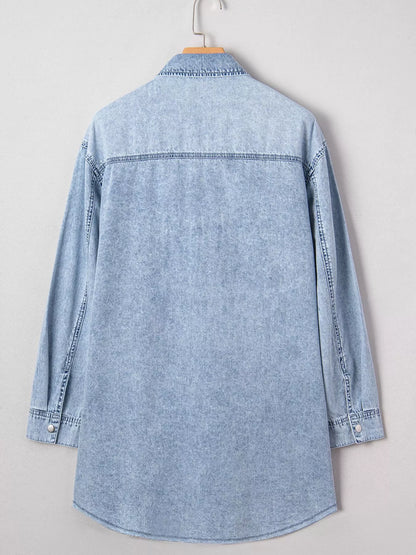 Chest Pocket Raw Hem Denim Loose Shirt Dress - Tigbul's Variety Fashion Shop