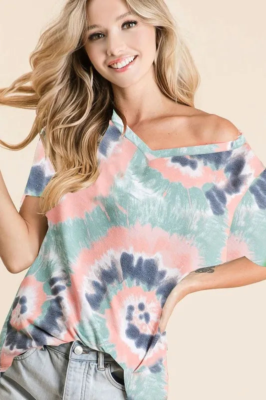 BiBi Tie Dye Print Terry V Neck Short Sleeve Top - Tigbul's Variety Fashion Shop