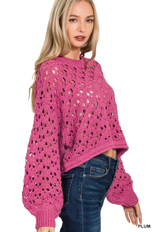 Zenana Oversized Cropped Crochet Knit Sweater - Tigbul's Variety Fashion Shop