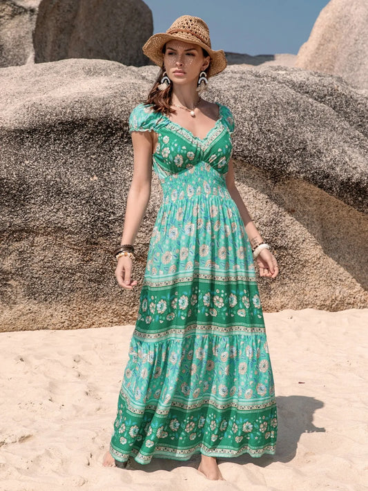 Smocked Printed V-Neck Dress - Tigbul's Variety Fashion Shop
