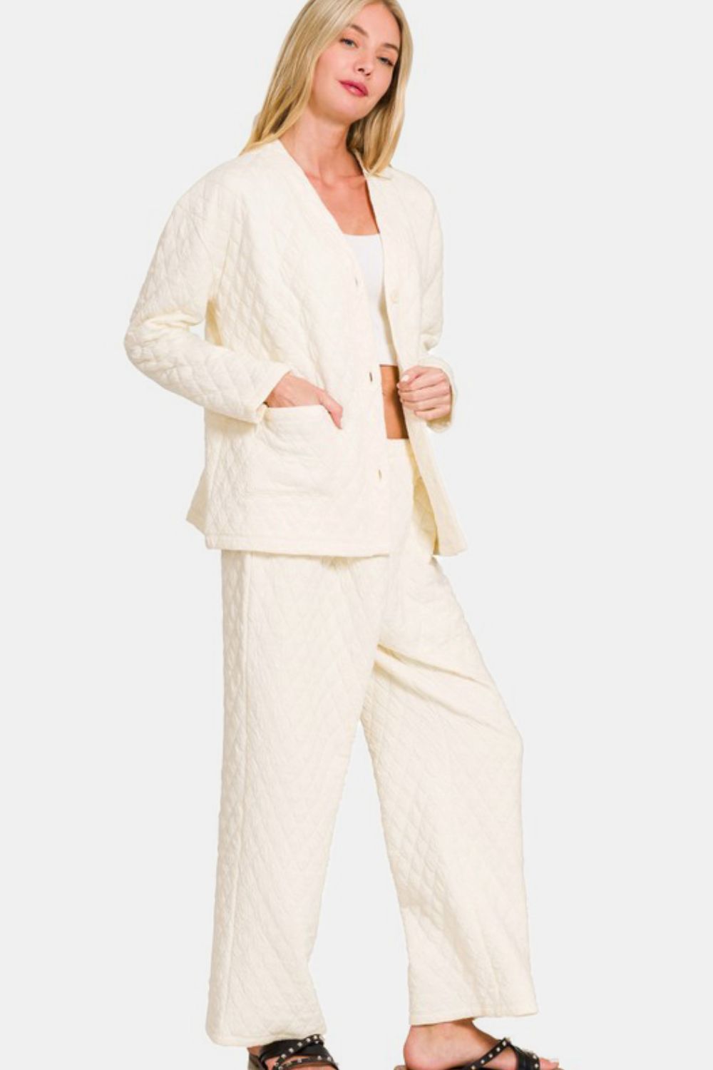 Zenana Quilted Button Up Long Sleeve Top and Pants Lounge Set - Tigbul's Variety Fashion Shop