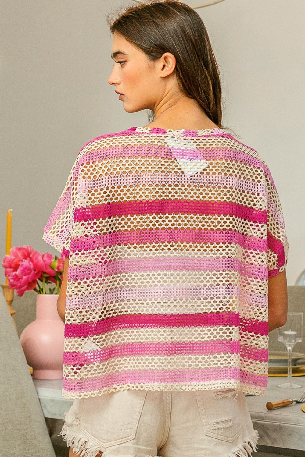 BiBi Striped Openwork Short Sleeve Knit Cover Up - Tigbuls Variety Fashion