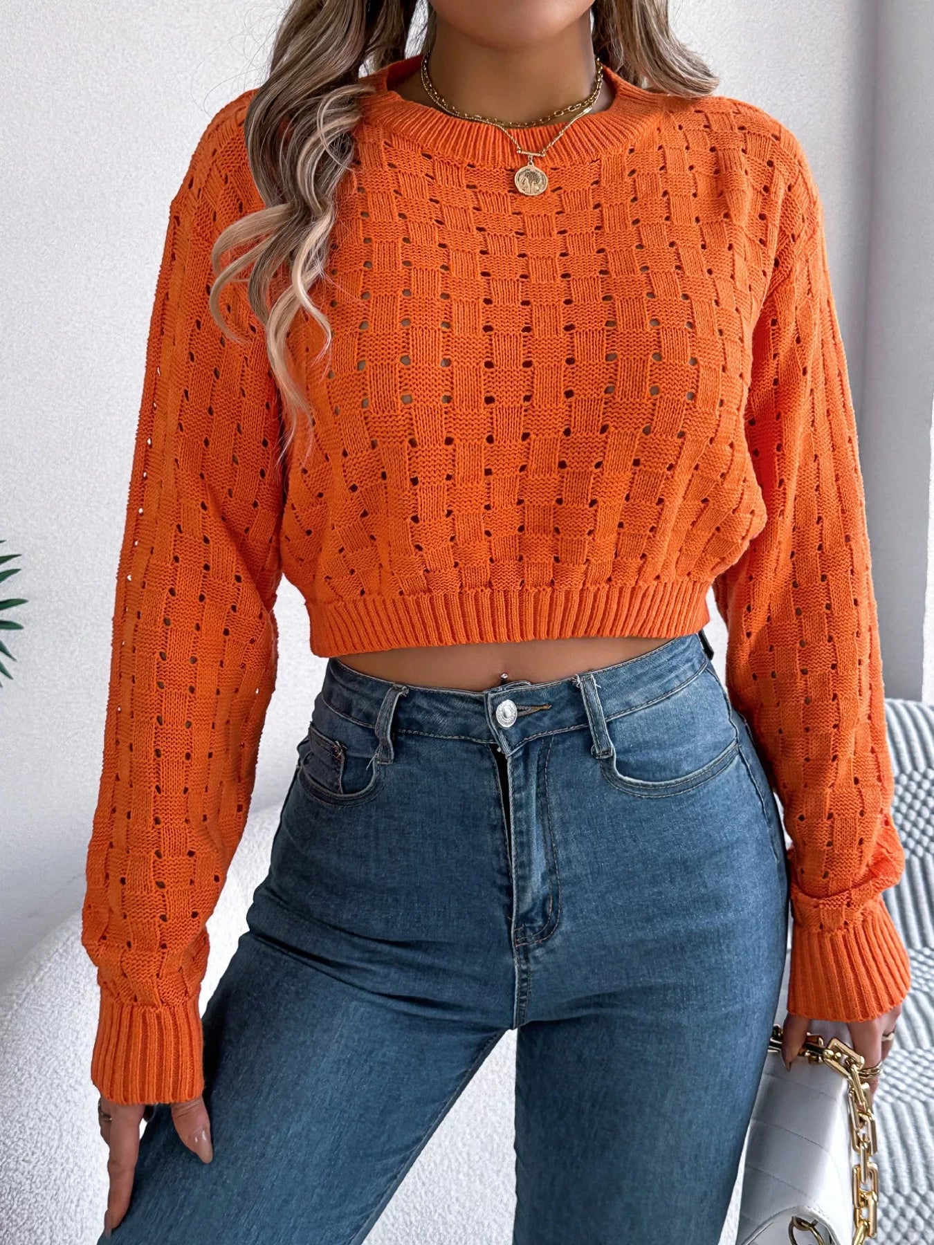 Cutout Back Openwork Round Neck Long Sleeve Sweater - Tigbul's Variety Fashion Shop