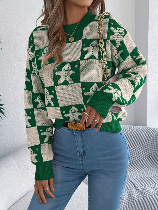 Christmas Checkerboard Gingerbread Round Neck Sweater - Tigbul's Variety Fashion Shop