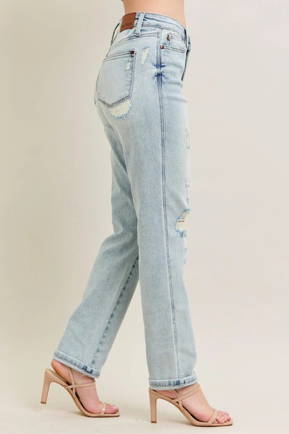 Judy Blue Full Size Mr Repair Stitch Detail Destroy Single Cuff Bf Jeans Plus Size - Tigbul's Variety Fashion Shop