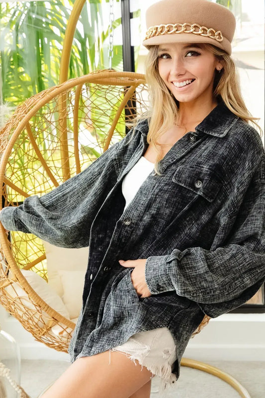 BiBi Vintage Washed Wrinkle Gauze Shacket - Tigbul's Variety Fashion Shop