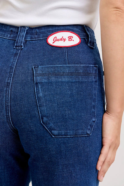 Judy Blue High-Waisted Retro Wide Jeans with Patch Pkts & Twisted Seams - Tigbul's Variety Fashion Shop