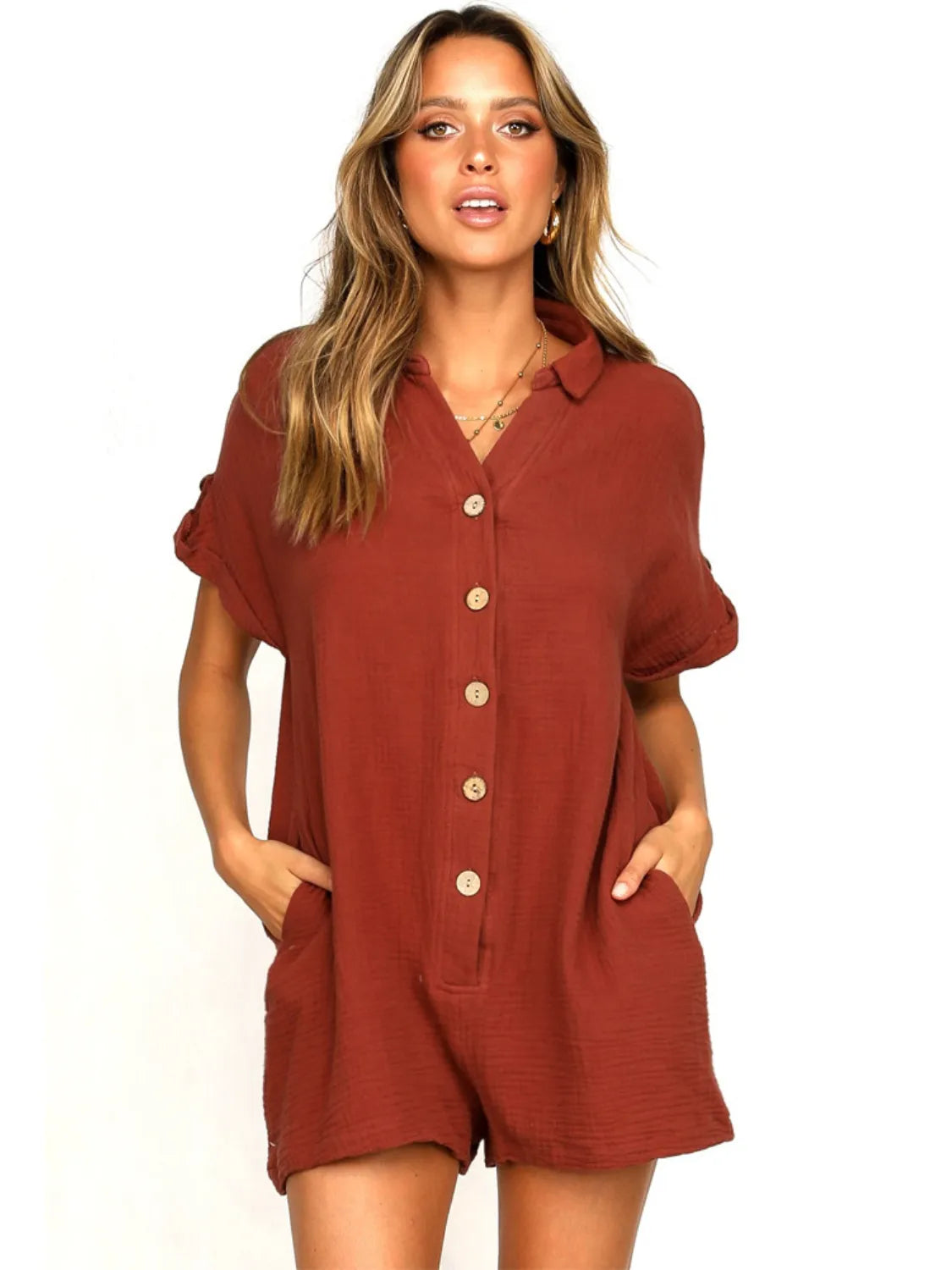 Button Front Short Sleeve Romper - Tigbul's Variety Fashion Shop
