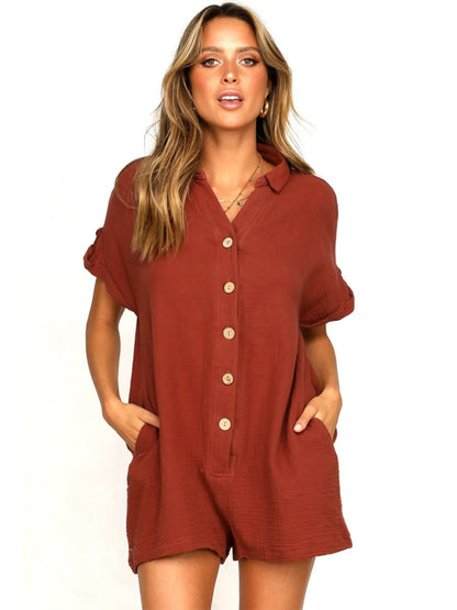 Button Front Short Sleeve Romper - Tigbul's Variety Fashion Shop