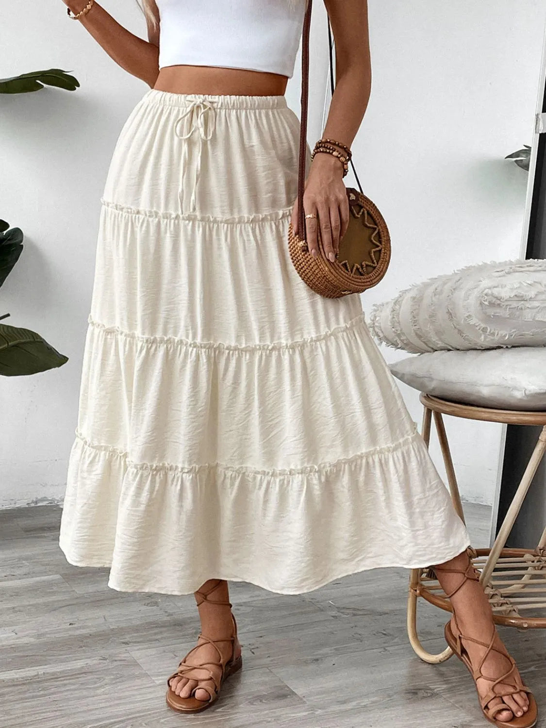 Drawstring Frill Tiered Cream Color Skirt - Tigbul's Variety Fashion Shop