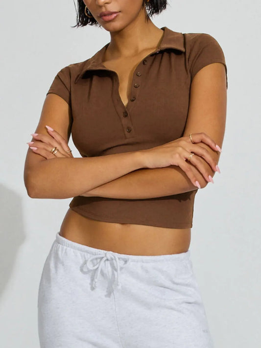 Collared Neck Short Sleeve Top - Tigbul's Variety Fashion Shop