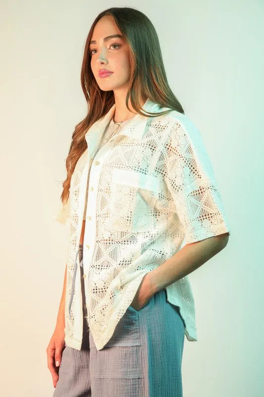 White Plus Size Oversized Crochet Button Down Shirt Top - Tigbul's Variety Fashion Shop