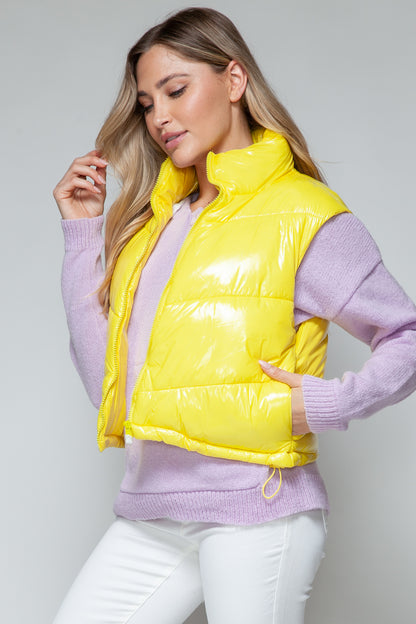 Yellow Zip Up Turtleneck Shiny Quilted Vest - Tigbul's Variety Fashion Shop