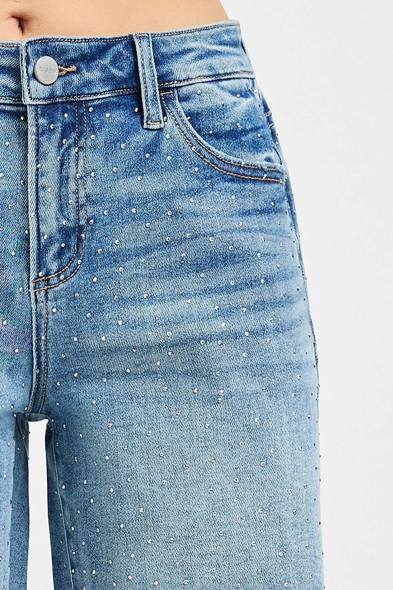 Medium blue denim waistband with rhinestone fabric and button closure