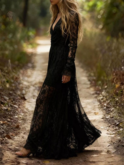 Lace Long Sleeve Maxi Dress - Tigbul's Variety Fashion Shop