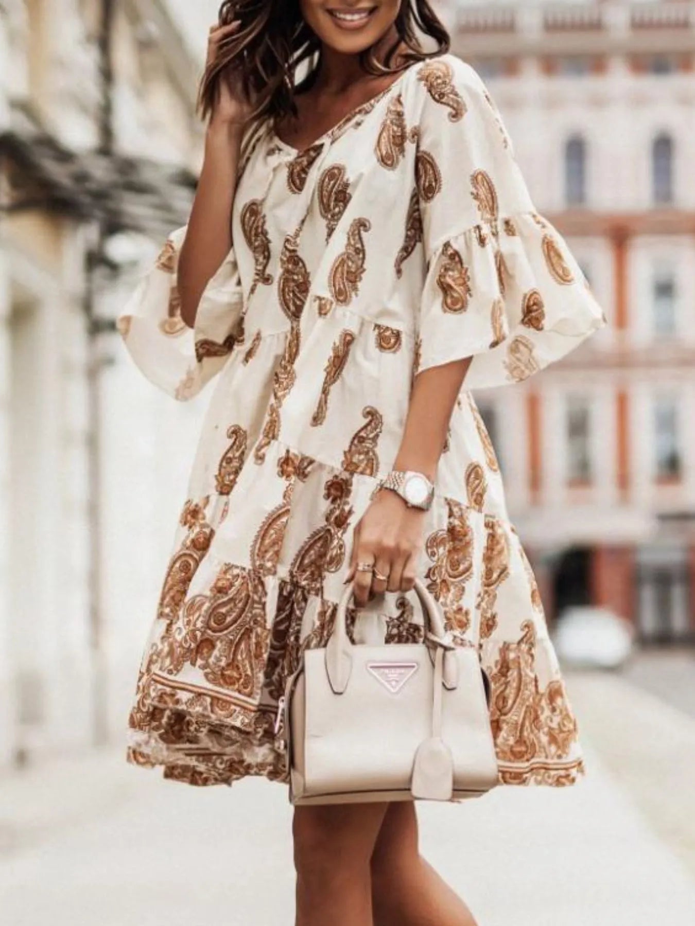 Paisley Print Tie Neck Half Sleeve Mini Dress - Tigbul's Variety Fashion Shop