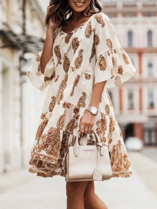 Paisley Print Tie Neck Half Sleeve Mini Dress - Tigbul's Variety Fashion Shop