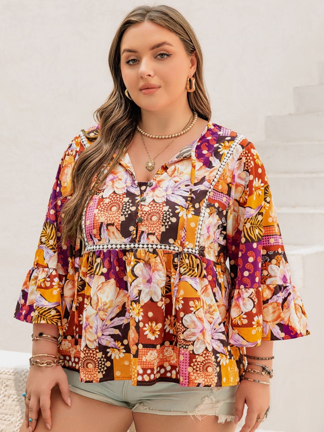 Plus Size Printed Tie Neck Blouse - Tigbul's Variety Fashion Shop