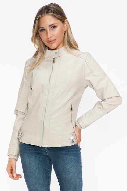 Sand Color Faux Leather Biker Jacket with Side Zip Pockets