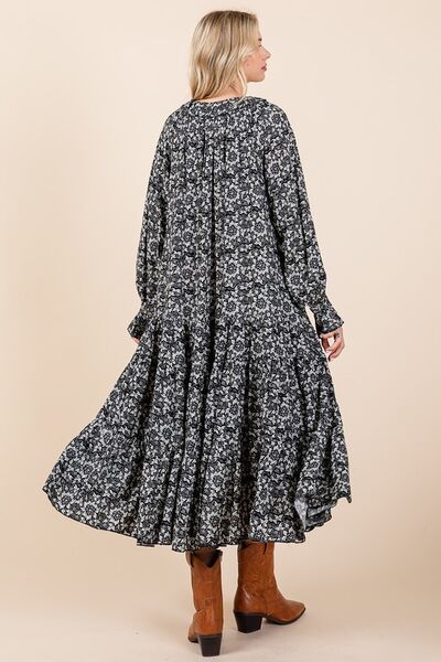 Dark Navy Printed Tie Neck Flounce Sleeve Midi Dress - Tigbul's Variety Fashion Shop
