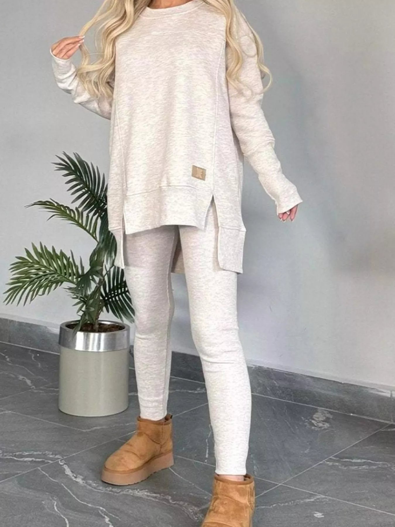 Full Size Slit Round Neck Top and Pants Set Plus Size - Tigbul's Variety Fashion Shop