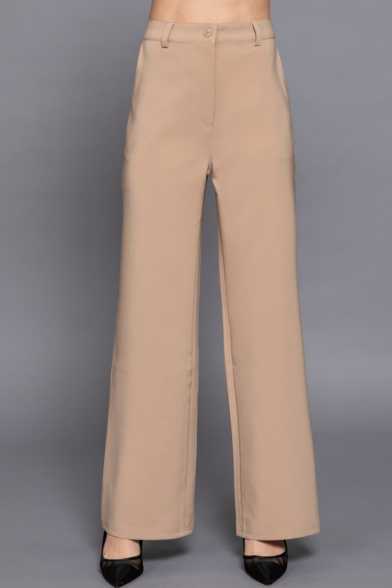 Tan straight woven long pants with button front and belt loops