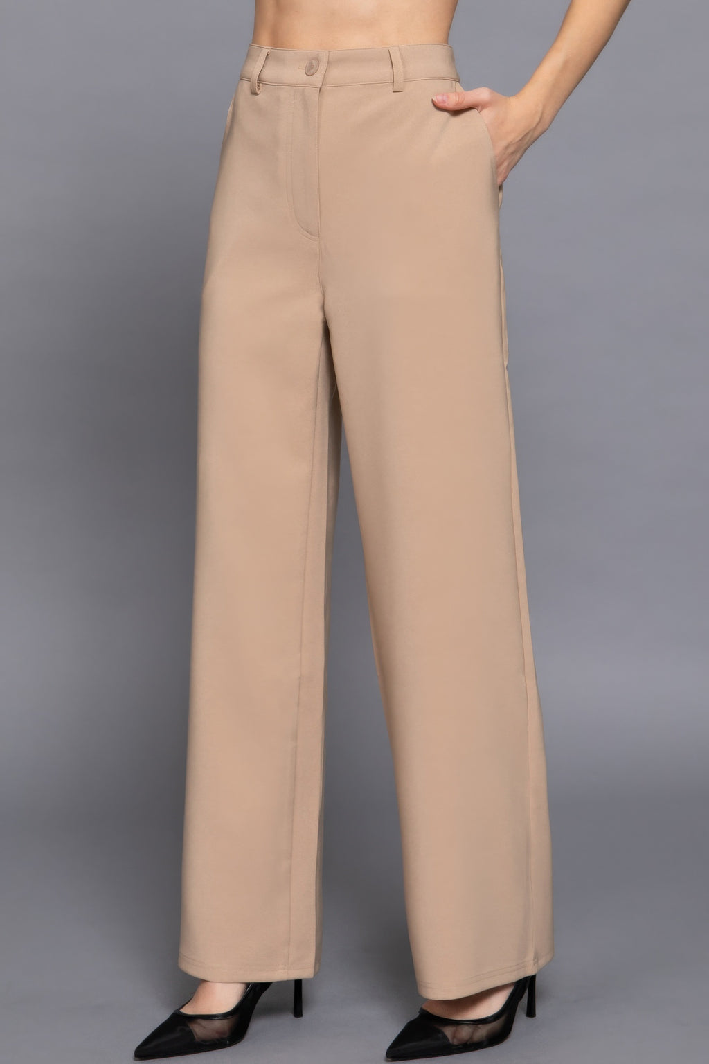 Tan straight woven long pants, clean front with belt loops