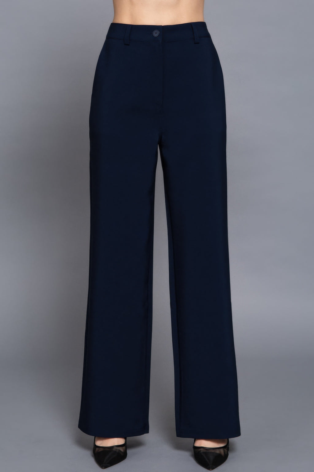 Navy straight long woven pants with elastic-back waist and button front